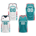 Traje de baloncesto reversible personalizado blanco-turquesa y rojo para adultos y niños