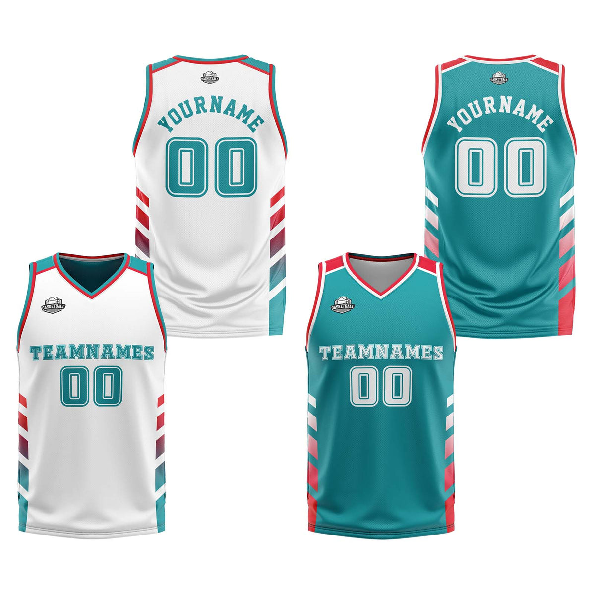 Traje de baloncesto reversible personalizado blanco-turquesa y rojo para adultos y niños