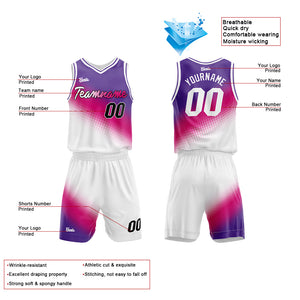 Uniforme de baloncesto personalizado en morado-rosa fucsia y blanco con tu logotipo-nombre y número impresos