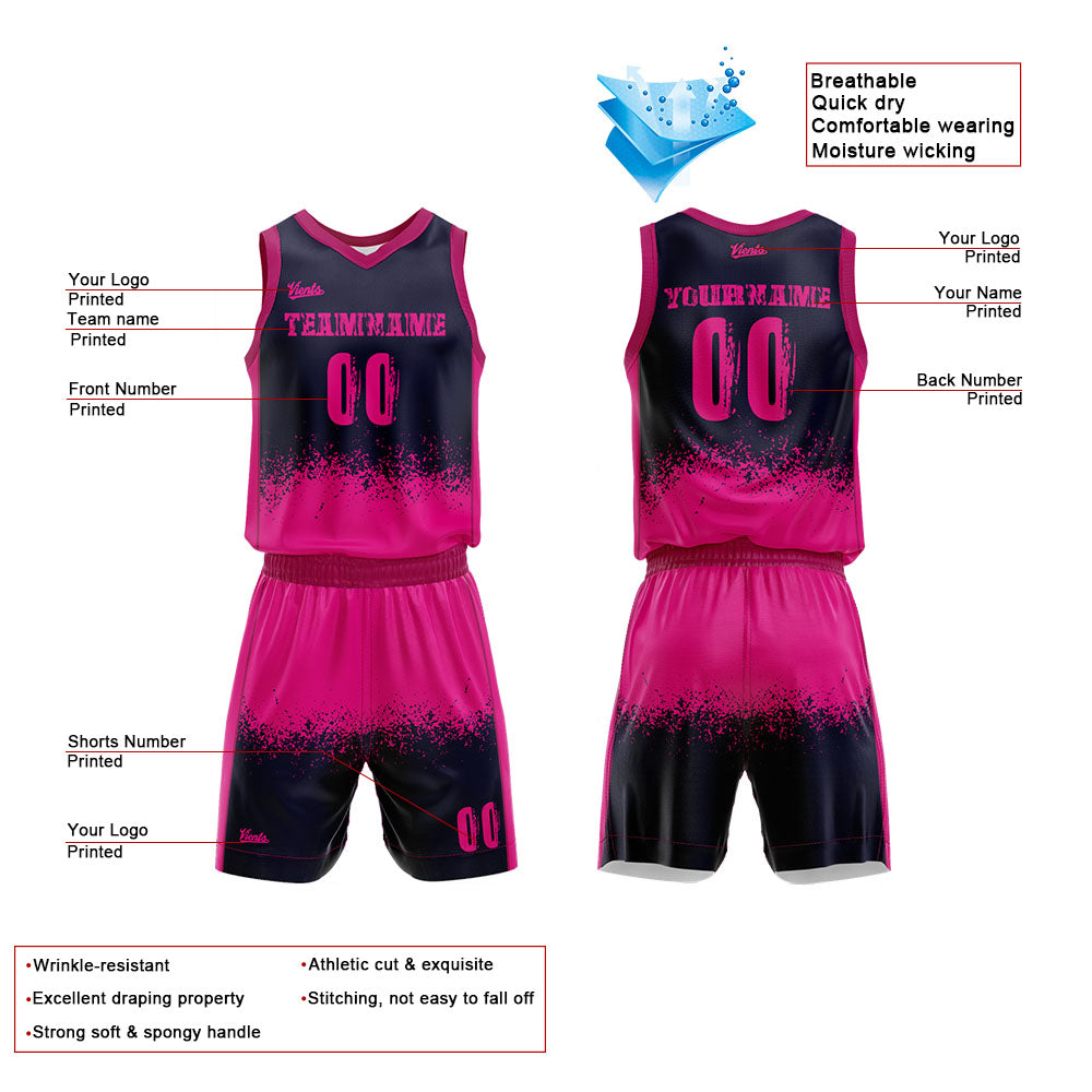Uniforme de baloncesto personalizado azul marino y rosa fucsia con tu logotipo-nombre y número impresos