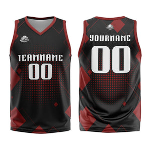 Uniforme de baloncesto rojo con diseño geométrico personalizado-estampado con tu logotipo-nombre y número