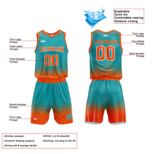 Uniforme de baloncesto personalizado color verde azulado y naranja con tu logotipo-nombre y número impresos