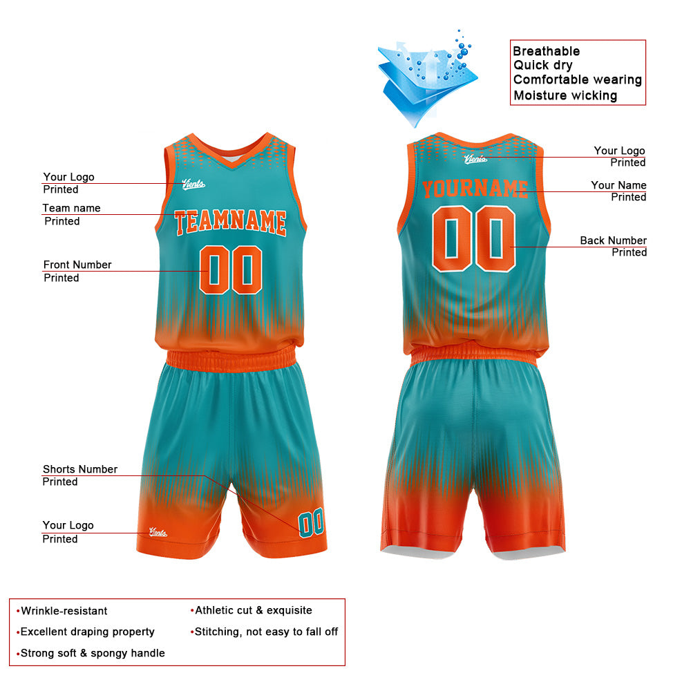 Uniforme de baloncesto personalizado color verde azulado y naranja con tu logotipo-nombre y número impresos