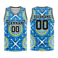 Uniforme de baloncesto azul personalizado con tu logotipo-nombre y número impresos