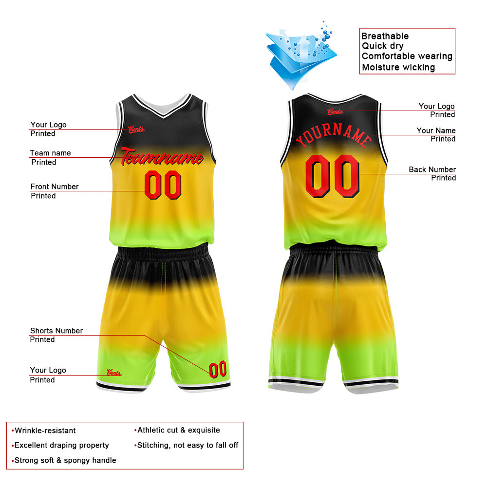 Uniforme de baloncesto personalizado con degradado amarillo impreso con tu logotipo-nombre y número