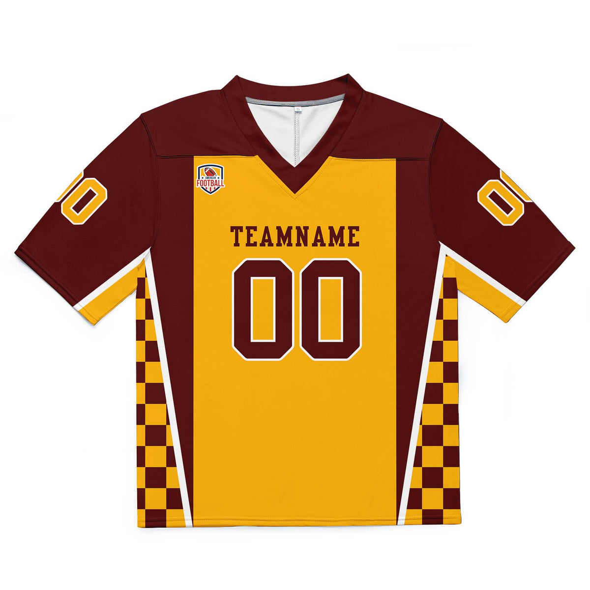 Camiseta de fútbol personalizada con nombre y número del equipo bordados-color burdeos y amarillo