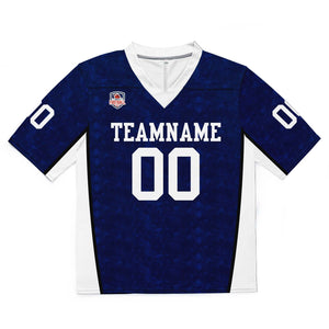 Camiseta de fútbol personalizada con nombre y número del equipo bordados y estampados en color azul marino