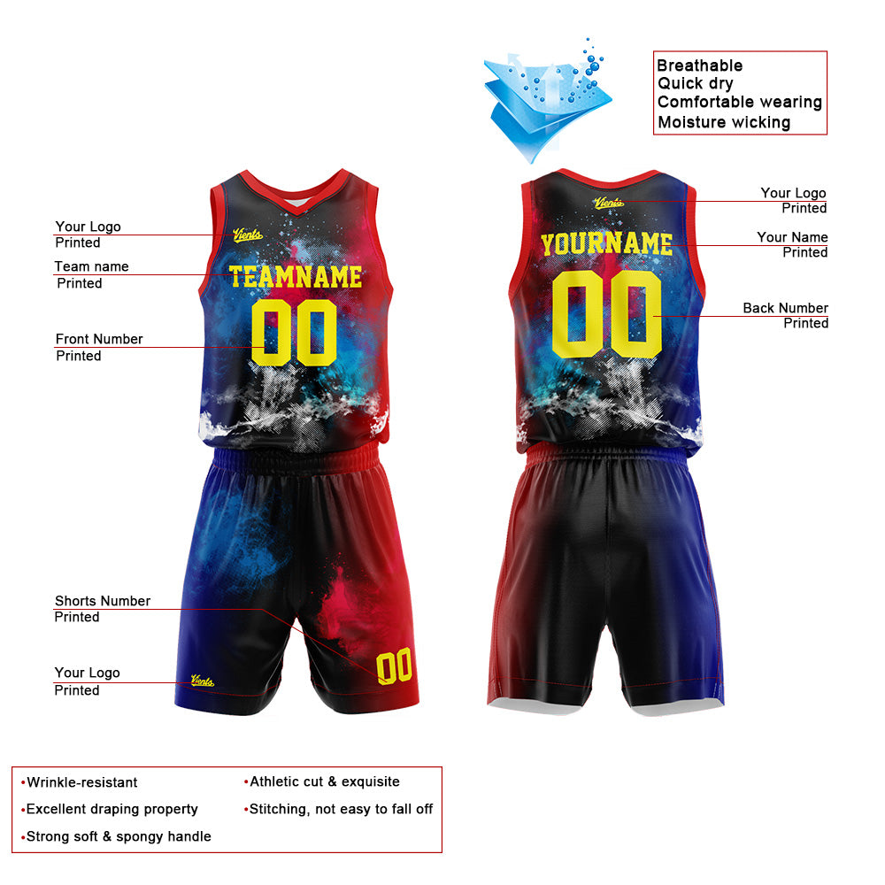 Uniforme de baloncesto personalizado con estampado de salpicaduras rojas y azules-impreso con tu logotipo-nombre y número