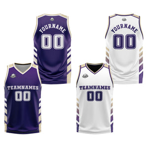 Traje de baloncesto reversible personalizado morado-blanco y crema para adultos y niños
