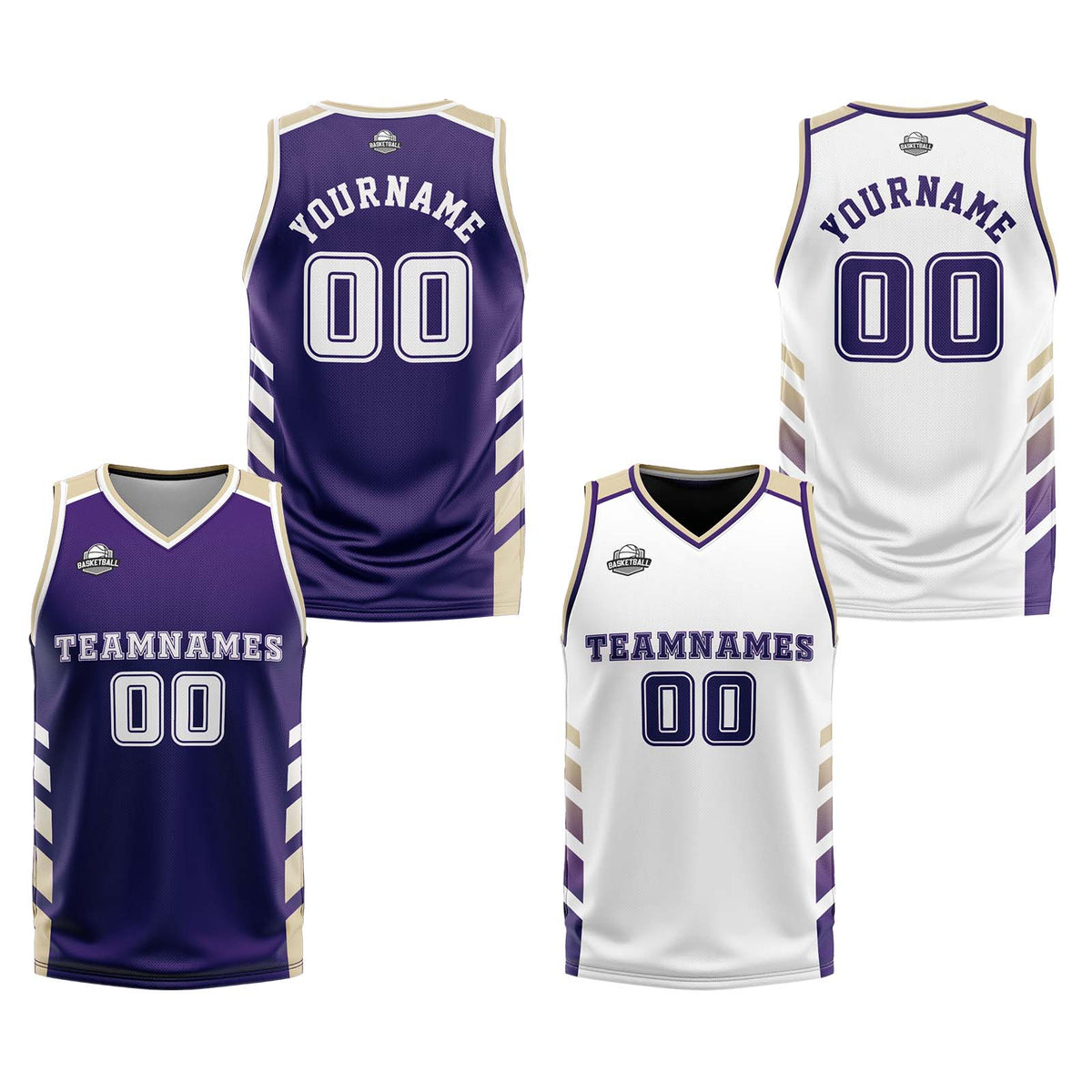 Traje de baloncesto reversible personalizado morado-blanco y crema para adultos y niños