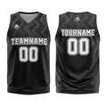 Uniforme de baloncesto personalizado en negro y gris con tu logotipo-nombre y número impresos