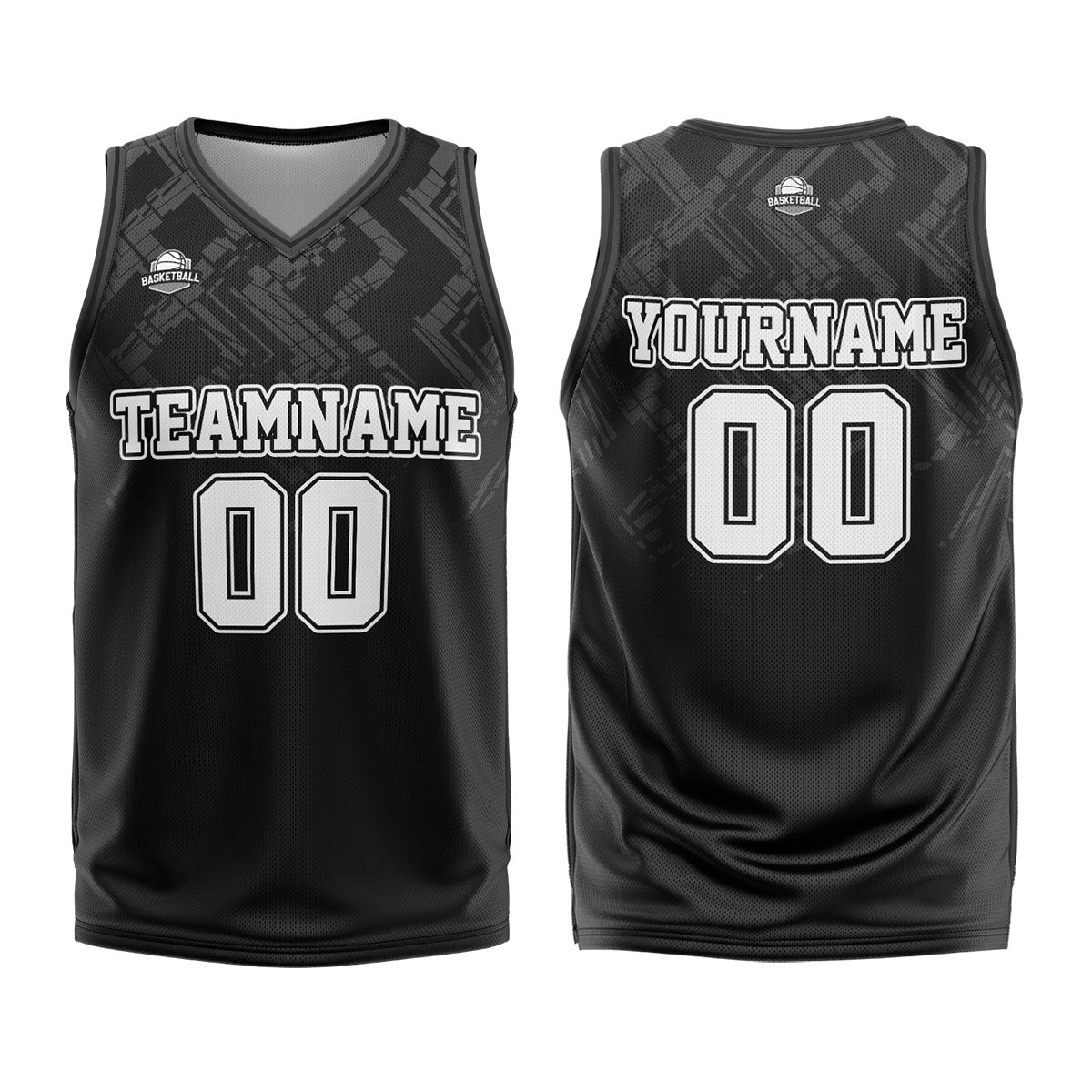 Uniforme de baloncesto personalizado en negro y gris con tu logotipo-nombre y número impresos