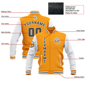 Chaquetas universitarias impermeables personalizadas en amarillo-blanco y gris con nombre-número y logotipo bordados