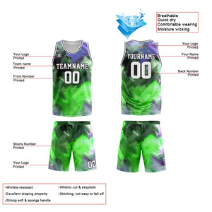 Uniforme de baloncesto personalizado verde y morado con tu logotipo-nombre y número impresos