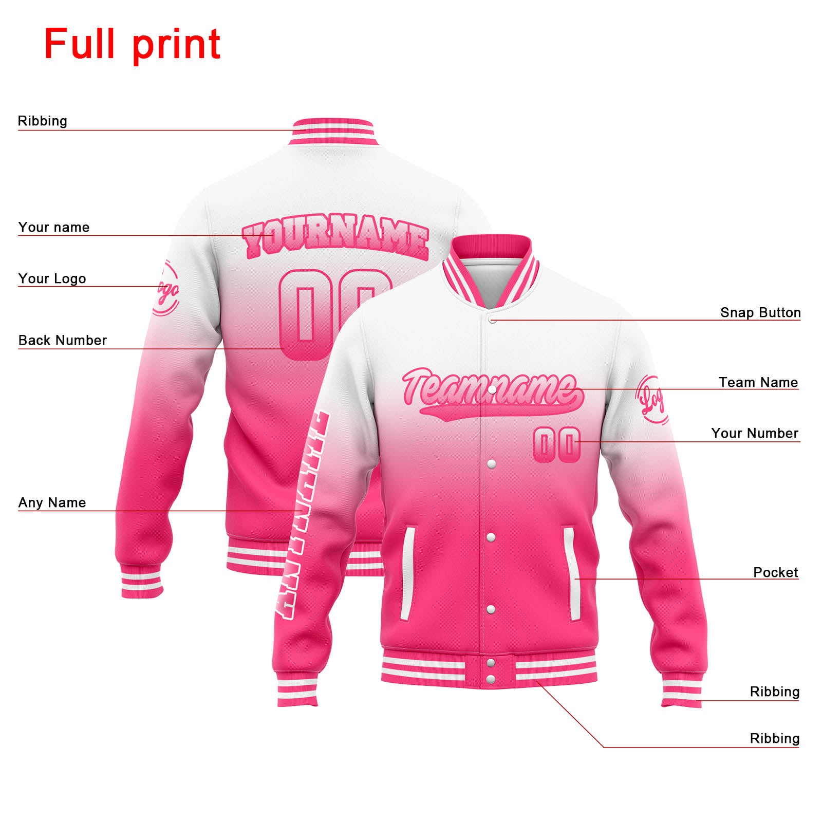 Chaqueta universitaria personalizada estilo Letterman para hombre y mujer-color blanco y rosa degradado
