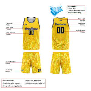 Uniforme de baloncesto personalizado con diseño de llama amarilla-impreso con tu logotipo-nombre y número