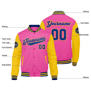 Chaqueta universitaria personalizada estilo Letterman para hombres-mujeres y jóvenes en rosa-amarillo y azul marino