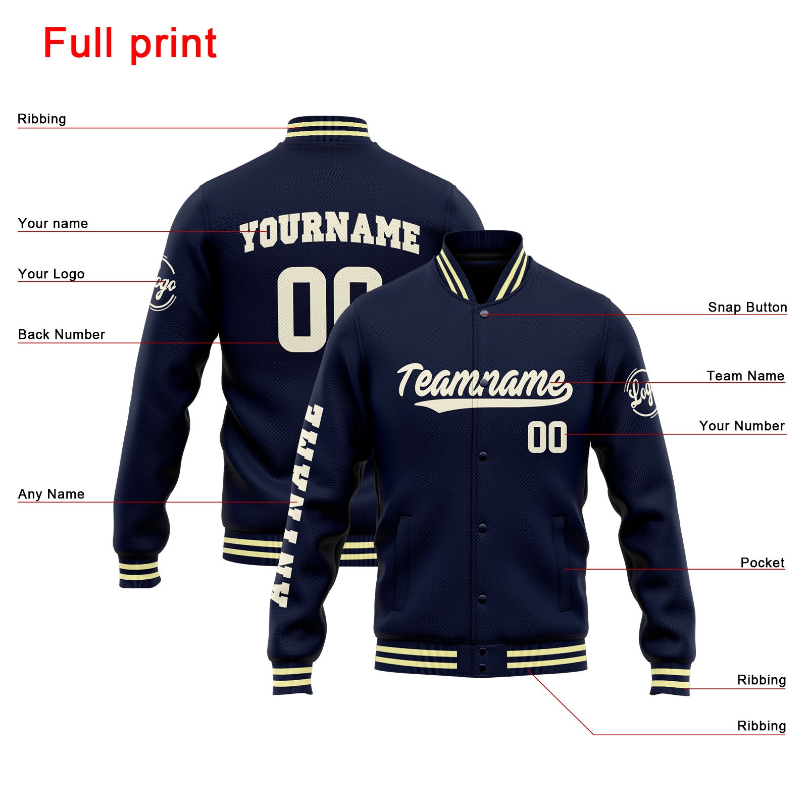 Chaqueta universitaria personalizada estilo Letterman para hombres-mujeres y jóvenes-color azul marino y crema