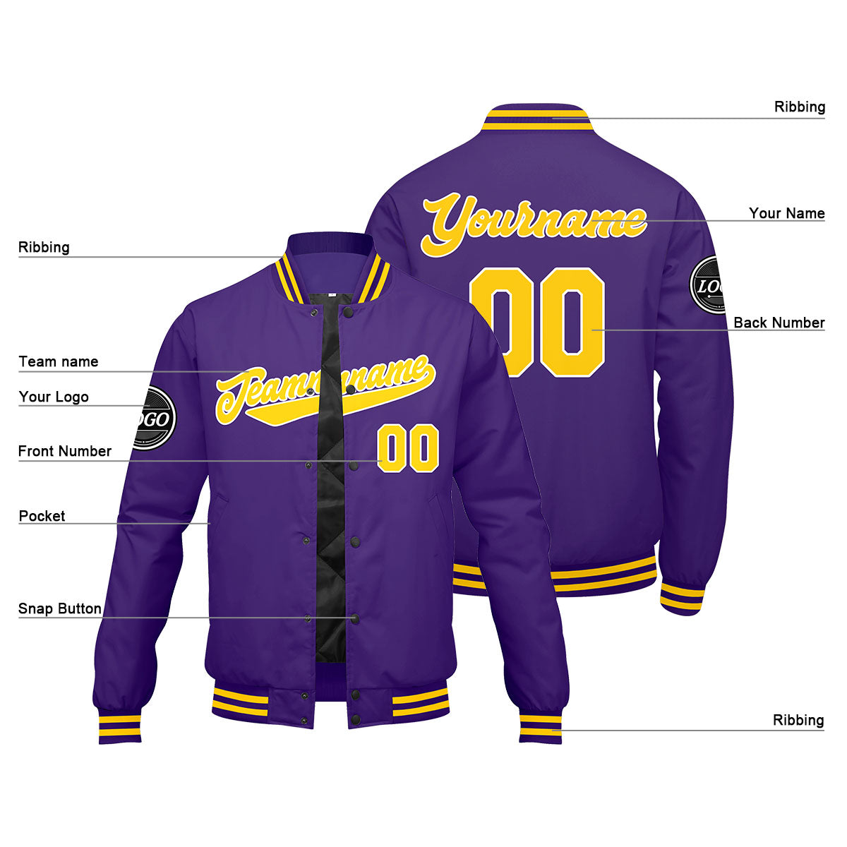 Chaqueta universitaria personalizada estilo Letterman para hombres-mujeres y jóvenes-color morado y amarillo