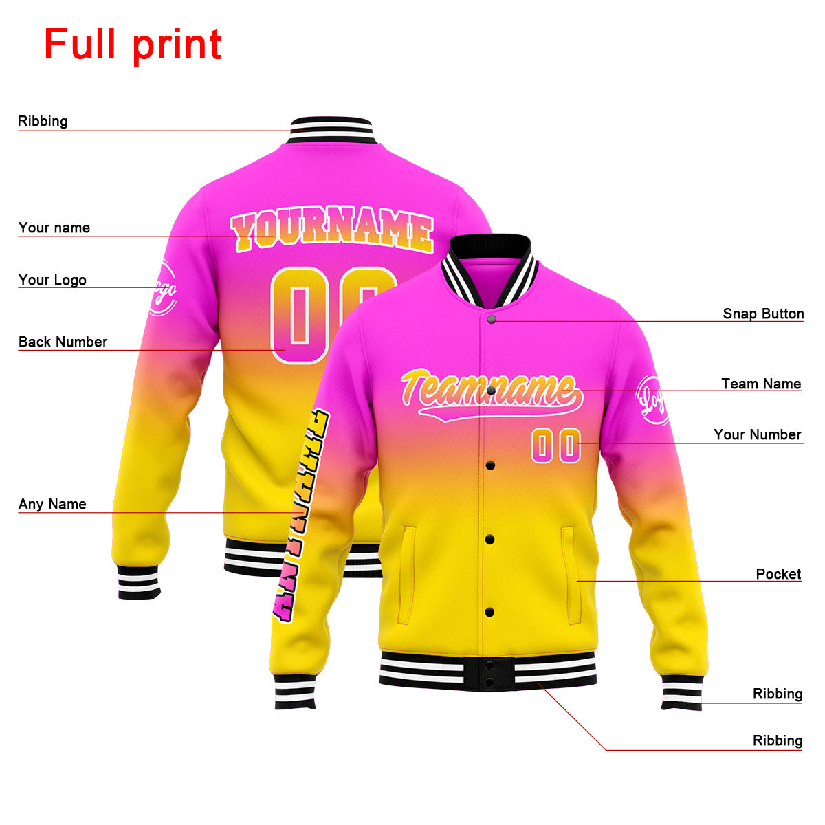 Chaqueta universitaria personalizada estilo Letterman para hombres-mujeres y jóvenes-color rosa y amarillo