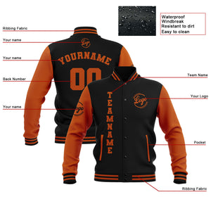 Chaquetas universitarias impermeables negras y naranja oscuro personalizadas con nombre-número y logotipo bordados a medida