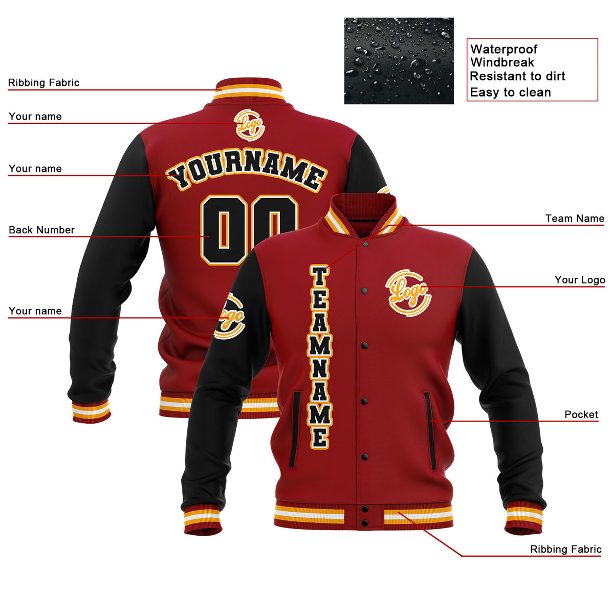 Chaquetas universitarias impermeables personalizadas en negro-rojo y amarillo con nombre-número y logotipo bordados