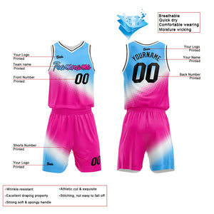 Uniforme de baloncesto personalizado azul claro-blanco y rosa fucsia con tu logotipo-nombre y número impresos