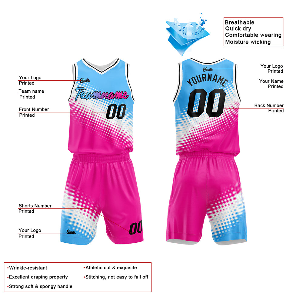 Uniforme de baloncesto personalizado azul claro-blanco y rosa fucsia con tu logotipo-nombre y número impresos