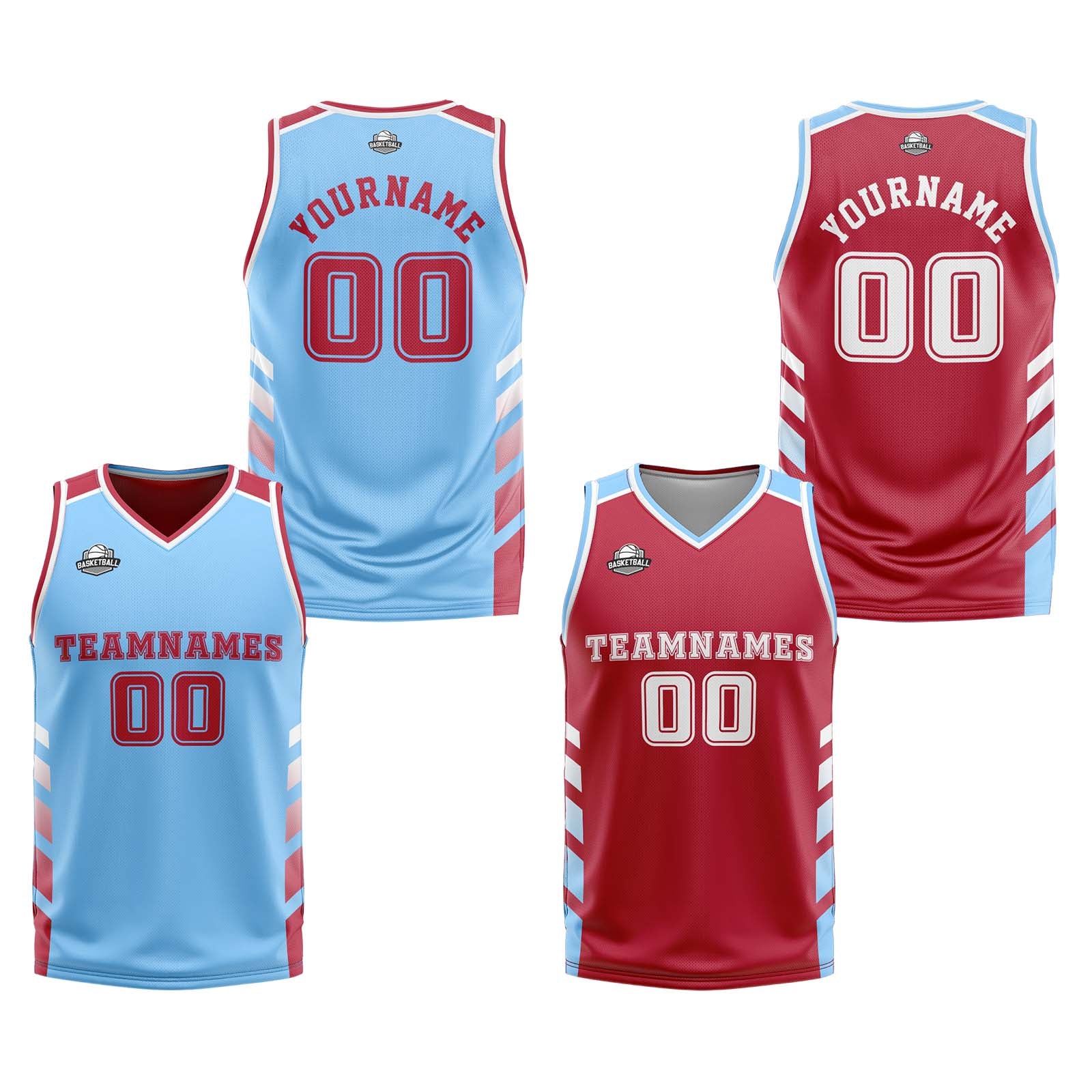 Traje de baloncesto reversible azul claro y blanco personalizado para adultos y niños