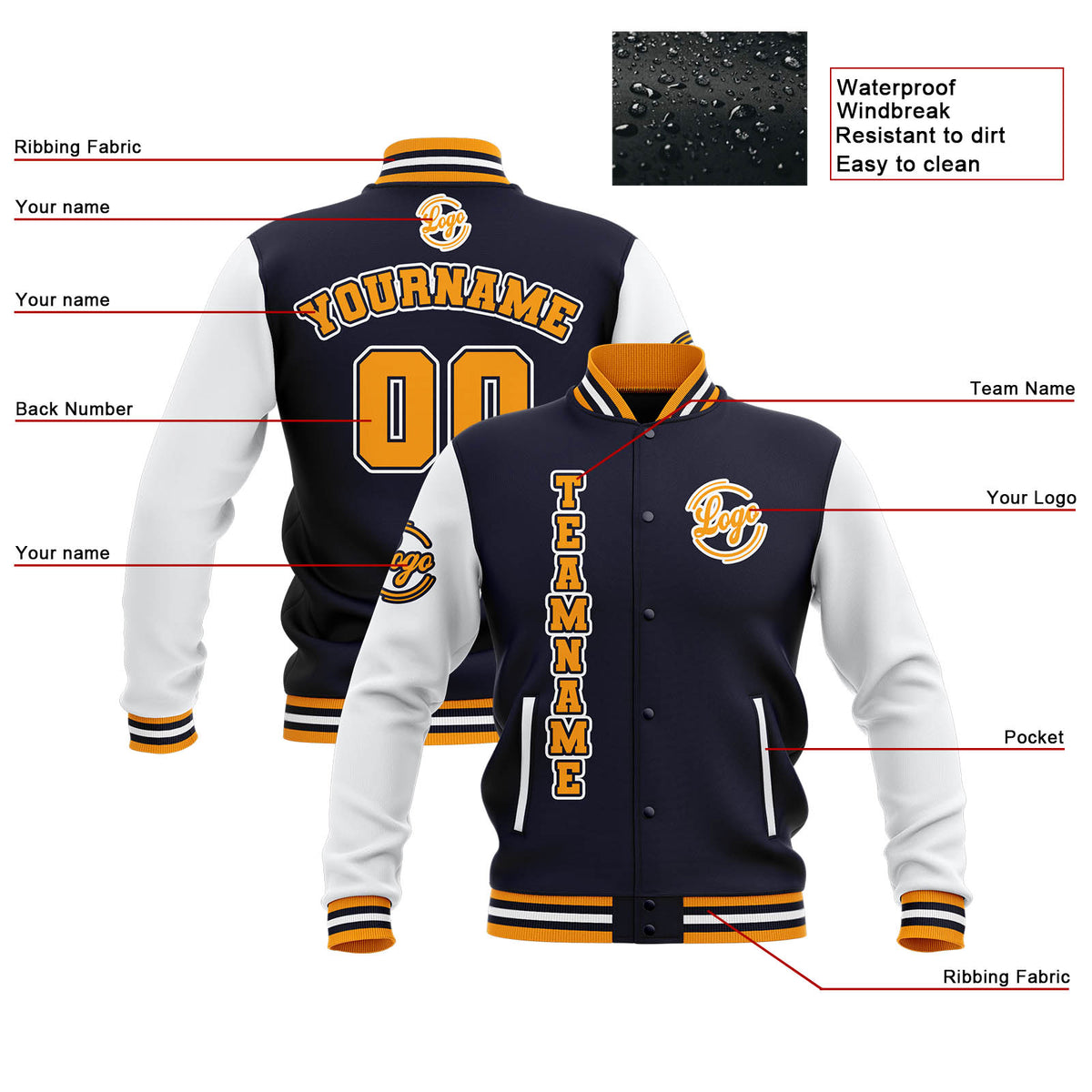 Chaquetas universitarias impermeables personalizadas en azul marino-blanco y amarillo con nombre-número y logotipo bordados