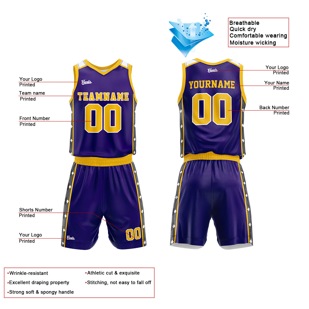 Uniforme de baloncesto personalizado en color morado y amarillo con tu logotipo-nombre y número impresos