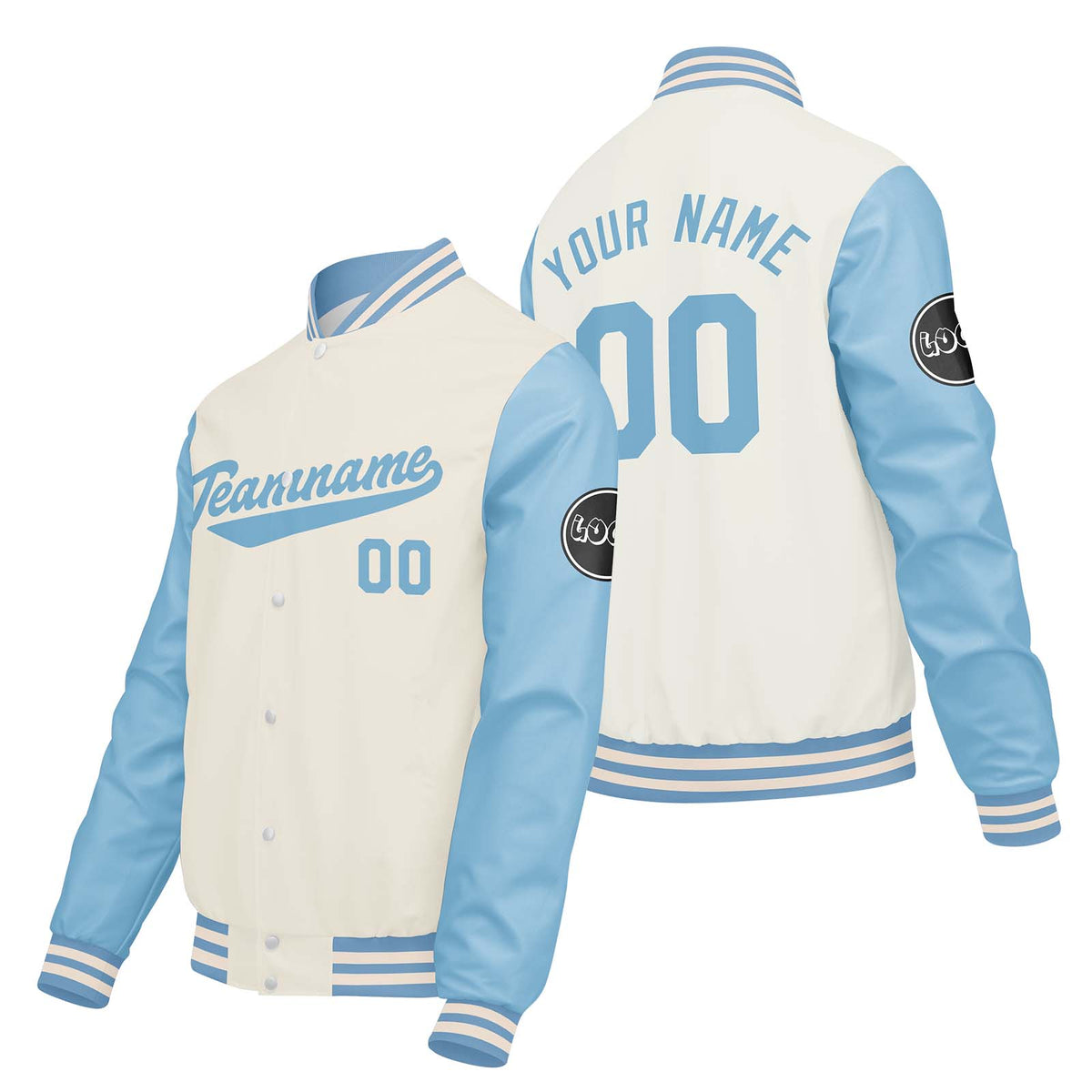 Chaquetas universitarias personalizadas en color crema & blanco y azul para hombres & mujeres y jóvenes & Chaquetas Letterman personalizadas
