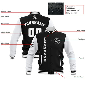 Chaquetas universitarias impermeables personalizadas en blanco y negro con nombre-número y logotipo bordados a medida