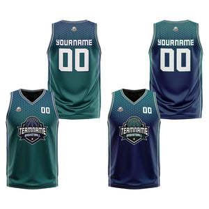 Traje de baloncesto reversible personalizado en verde-azul marino y gris para adultos y niños