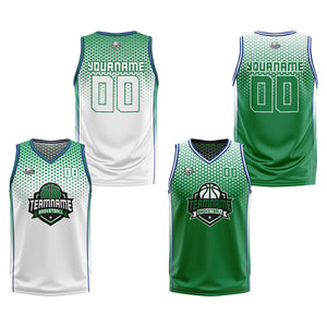 Traje de baloncesto reversible personalizado blanco-verde y azul para adultos y niños