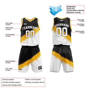 Uniforme de baloncesto personalizado en negro-amarillo y blanco con tu logotipo-nombre y número impresos