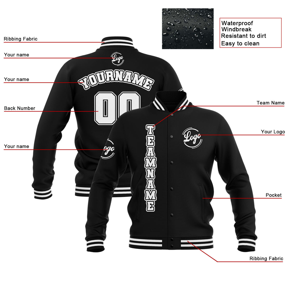 Chaquetas universitarias impermeables personalizadas en blanco y negro con nombre-número y logotipo bordados a medida