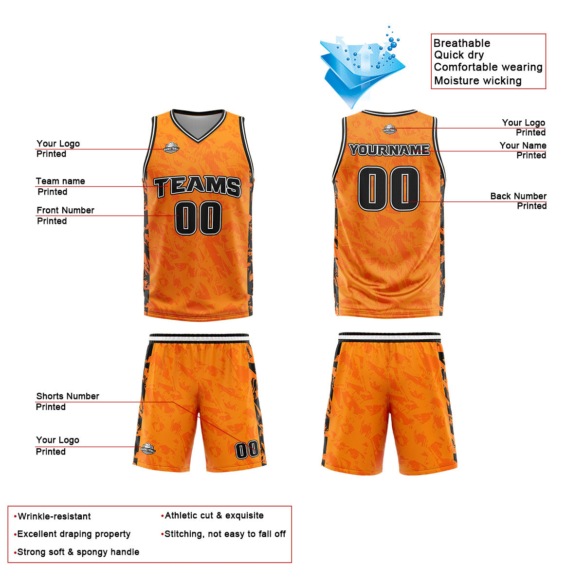 Uniforme de baloncesto personalizado color naranja roto con tu logotipo-nombre y número impresos