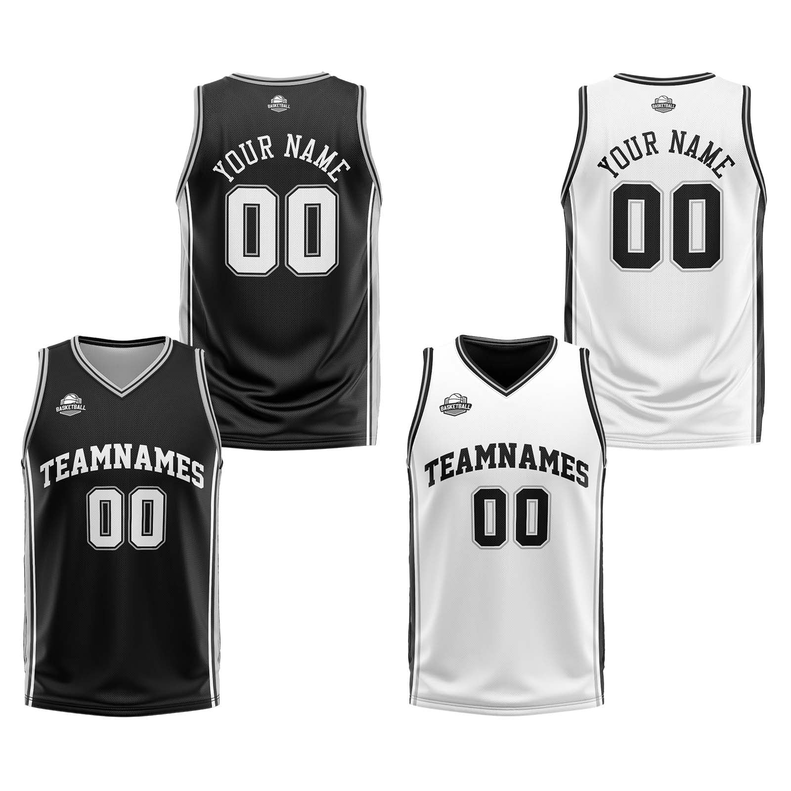 Traje de baloncesto reversible personalizado en negro-blanco y gris para adultos y niños