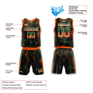 Uniforme de baloncesto personalizado negro-verde y naranja con tu logotipo-nombre y número impresos