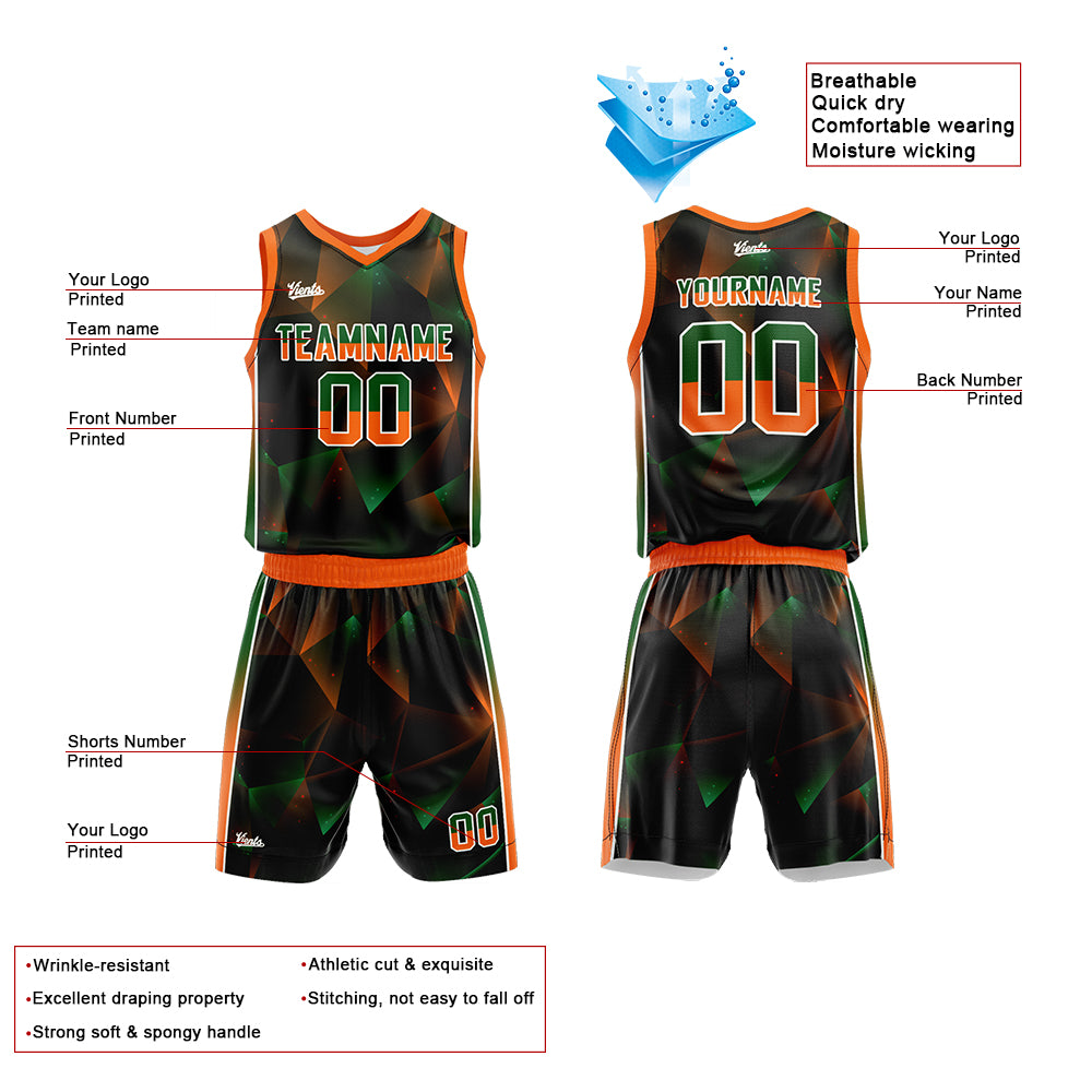 Uniforme de baloncesto personalizado negro-verde y naranja con tu logotipo-nombre y número impresos