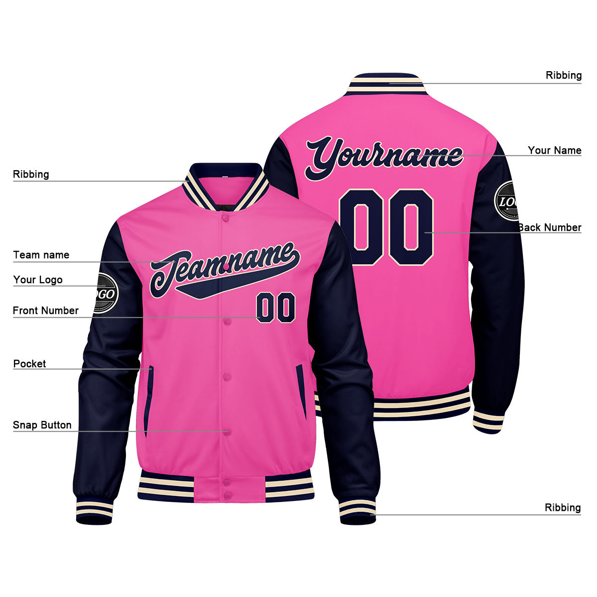 Chaqueta universitaria personalizada estilo Letterman para hombres-mujeres y jóvenes-color rosa y azul marino