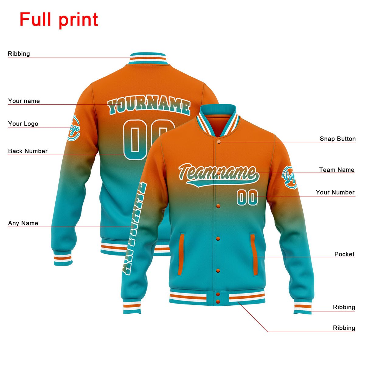 Chaqueta universitaria personalizada estilo Letterman para hombres-mujeres y jóvenes-color naranja degradado turquesa