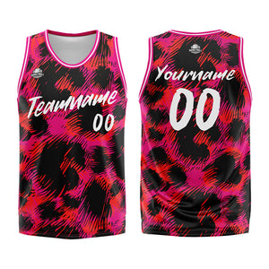 Uniforme de baloncesto personalizado con estampado de leopardo rosa y tu logotipo-nombre y número impresos