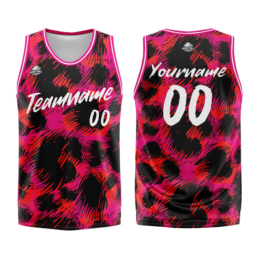 Uniforme de baloncesto personalizado con estampado de leopardo rosa y tu logotipo-nombre y número impresos