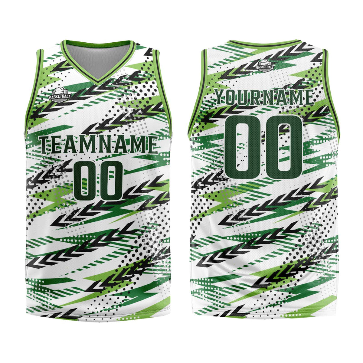 Uniforme de baloncesto personalizado blanco y verde con tu logotipo-nombre y número impresos