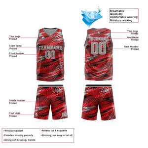Uniforme de baloncesto personalizado rojo y gris con tu logotipo-nombre y número impresos