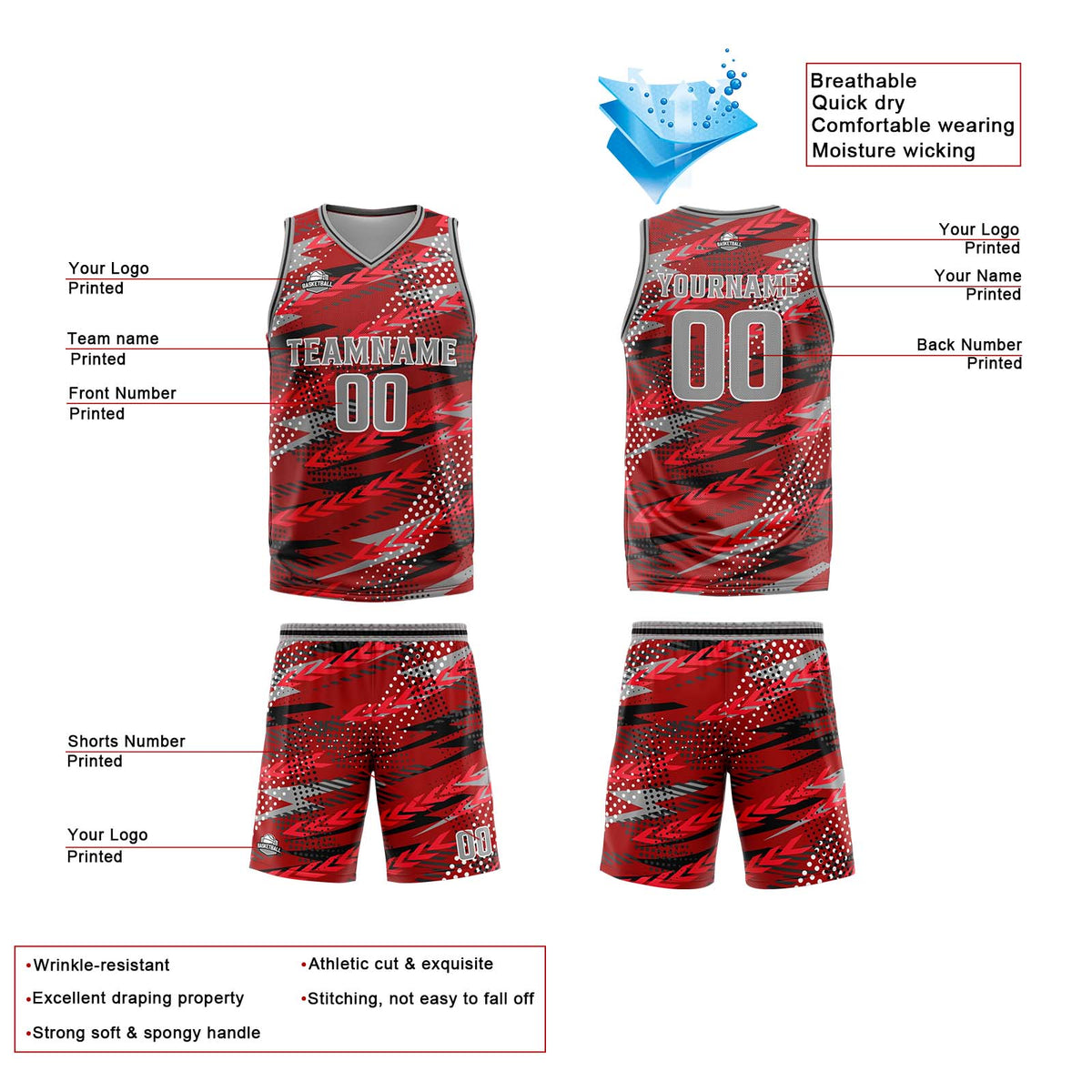 Uniforme de baloncesto personalizado rojo y gris con tu logotipo-nombre y número impresos