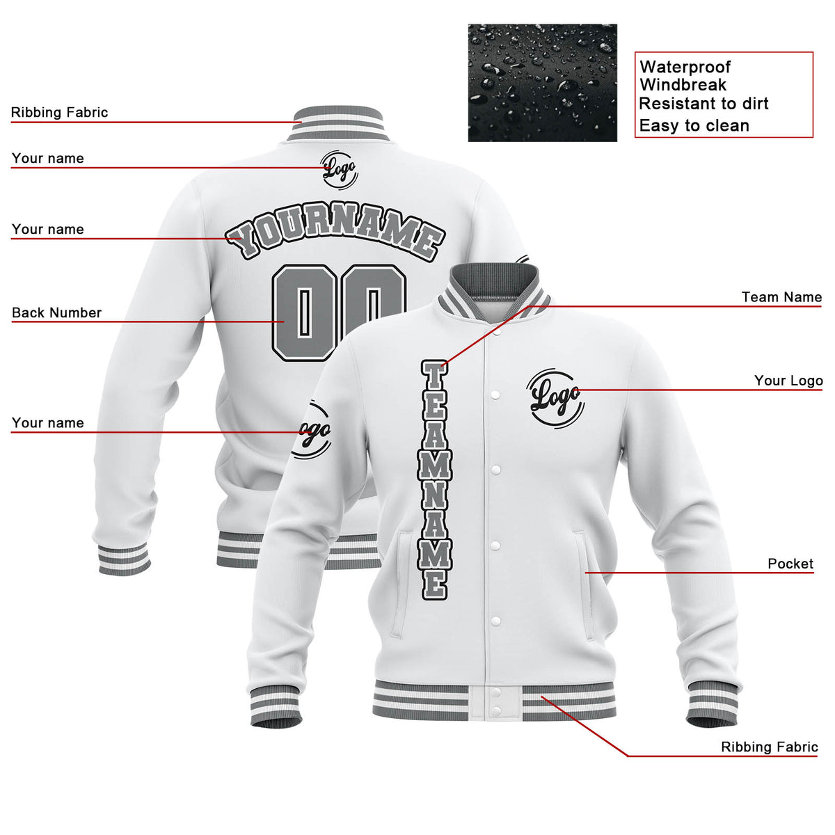 Chaquetas universitarias impermeables blancas y grises personalizadas con nombre-número y logotipo bordados a medida