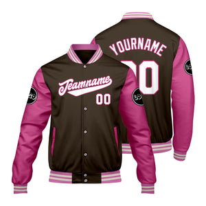Chaquetas universitarias personalizadas en color marrón y rosa para hombres & mujeres y jóvenes & Chaquetas estilo Letterman personalizadas